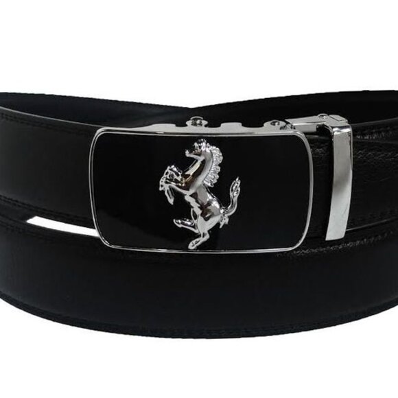 Black Leather Belt Automatic Silver Horse Head Buckle Slide Belts No Hole Silver - Picture 1 of 2